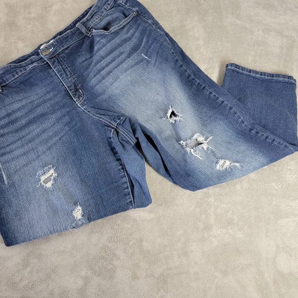 Faded Glory 24W Plus Distressed Dark Blue Straight Leg Denim Jeans SL18E
